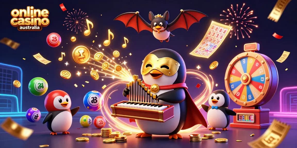 Engage with the online casino Australia atmosphere featuring a festive 3D penguin and golden coins.