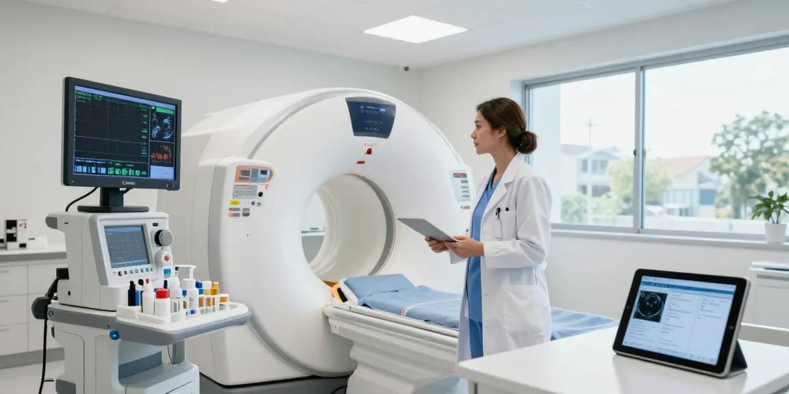 Healthcare professional engaging with advanced medical equipment in a modern clinic.