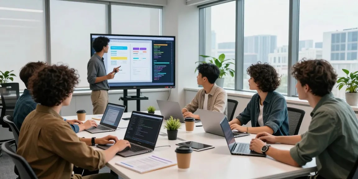 Collaborative team working in a modern office environment showcasing the WPS Official Website in action.