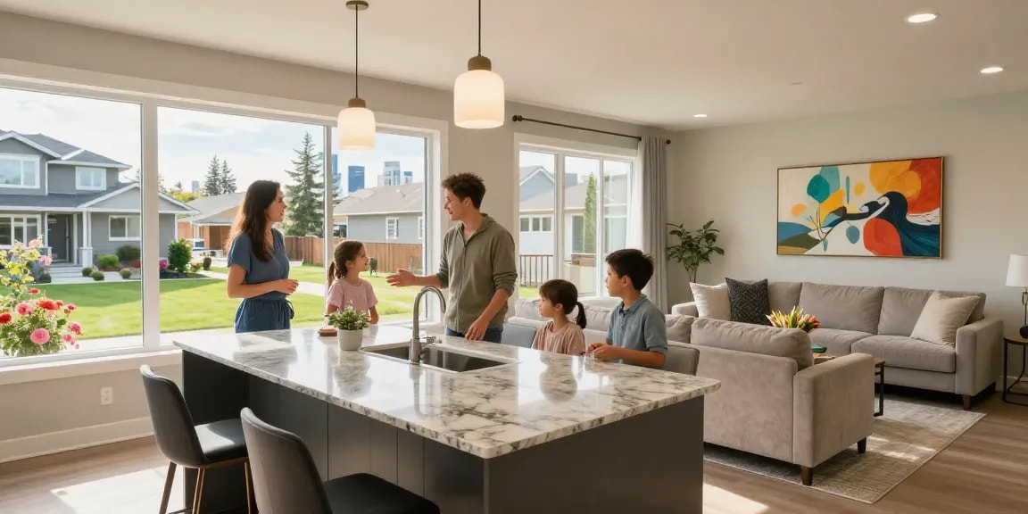 Engaging family exploring a modern home in the Edmonton real estate market.