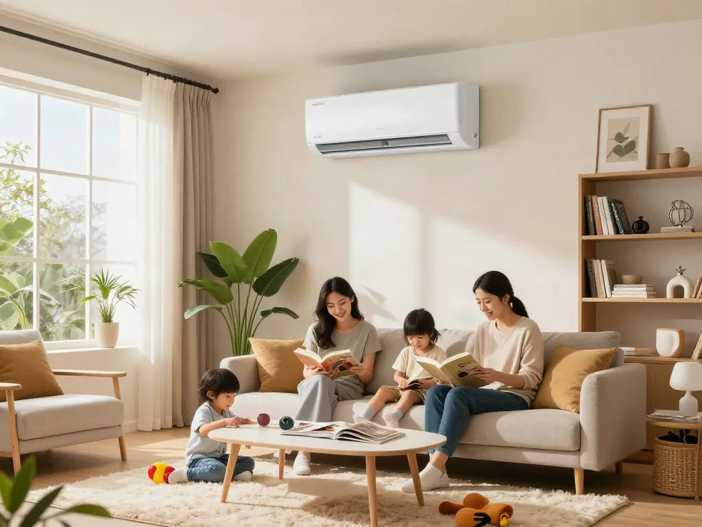 Ductless AC providing comfort in contemporary living room where a family enjoys leisure time.