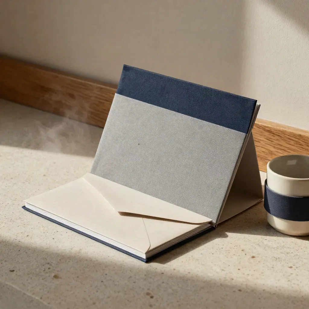 Slate linen roadmap folio, folded cards, envelope and coffee ring on a sunlit stone landing.