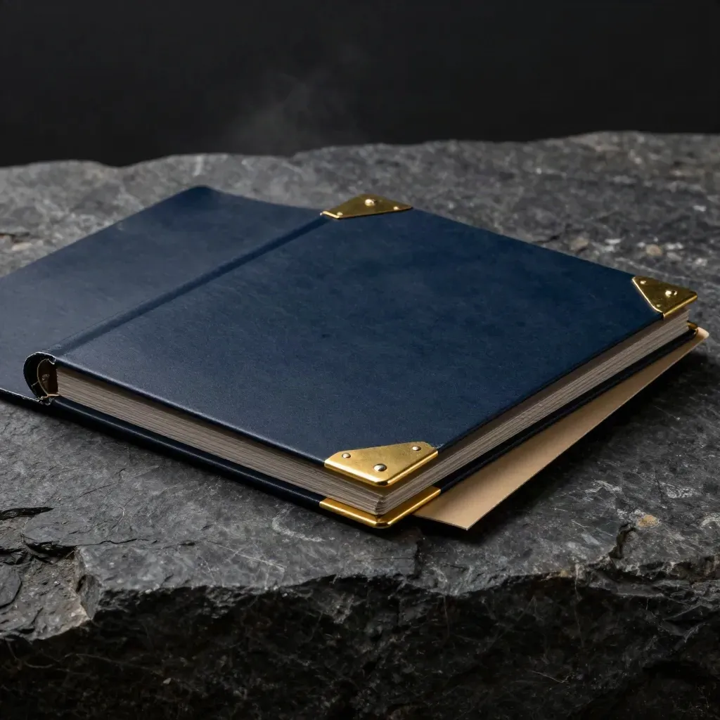 Navy project rescue folder with brass repairs and sleeve on a dark stone ledge in haze.