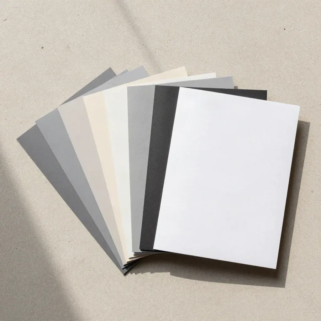 Overhead flatlay of a market facts pack with booklet, sample cards, and translucent cover sheet on pale concrete.