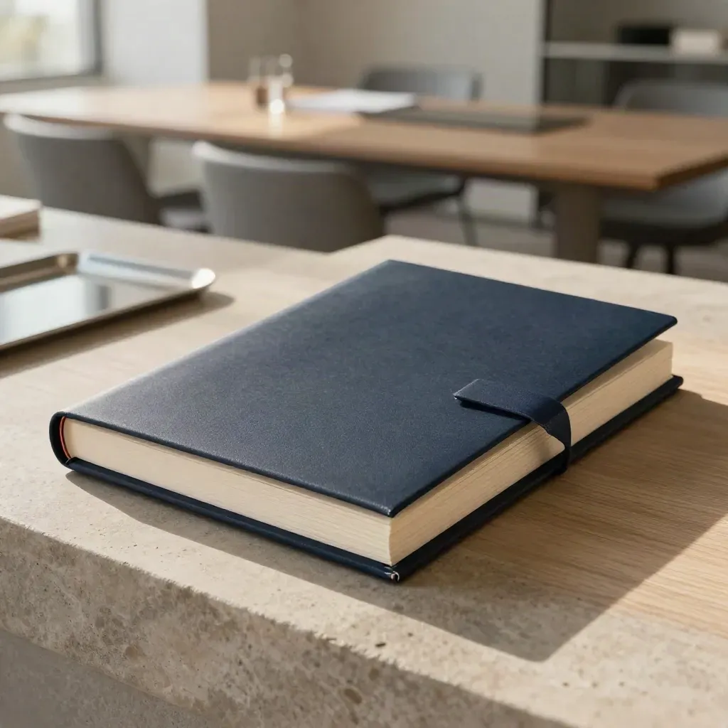 Matte navy folio with cream sheets on a sunlit ledge in a modern boardroom
