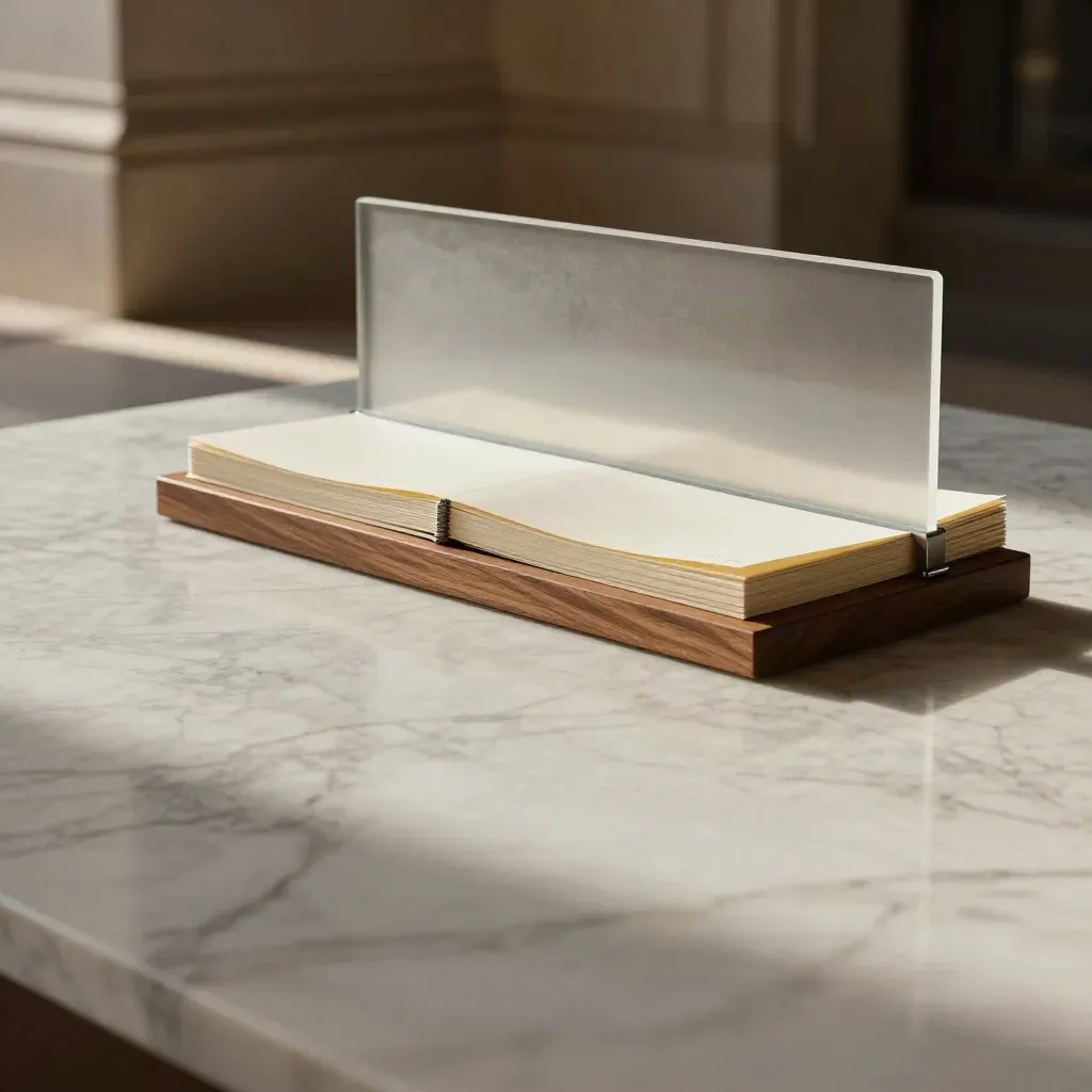 Sunlit marble and oak strategy materials with open copy space and stone architecture blur.