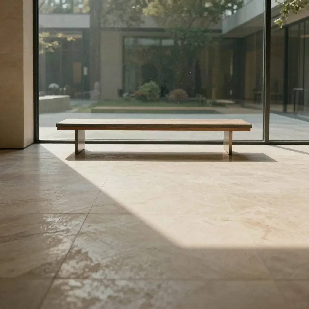 Sunlit limestone courtyard interior with a slim bench, glazed walls and calm open floor