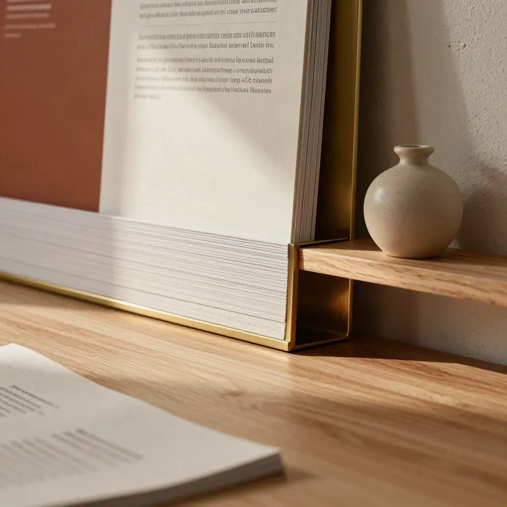 Premium consulting folios and ceramic vessel on warm oak shelf in soft light.