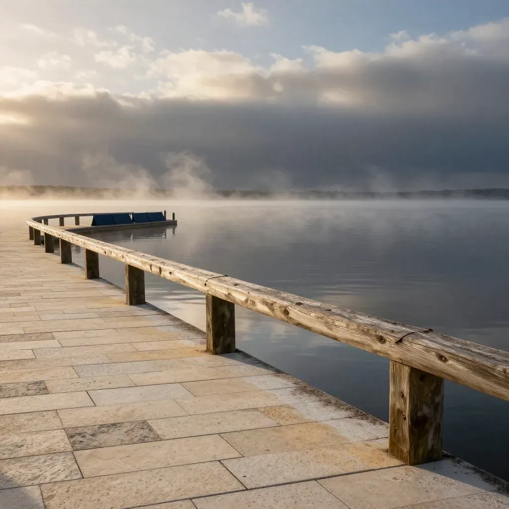 Golden lakeside boardwalk with pale stone pavers, low cloud bank, and calm water at dusk.
