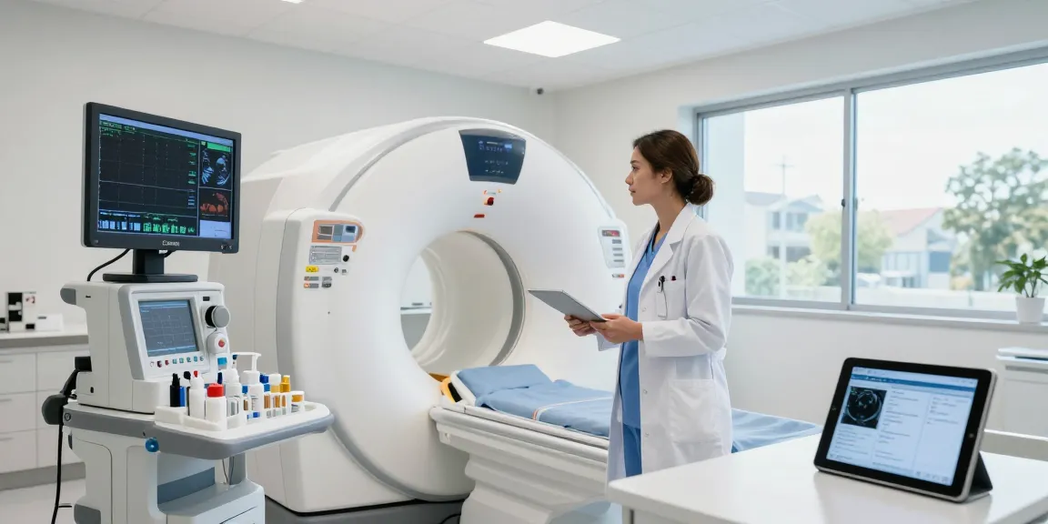 Healthcare professional engaging with advanced medical equipment in a modern clinic.