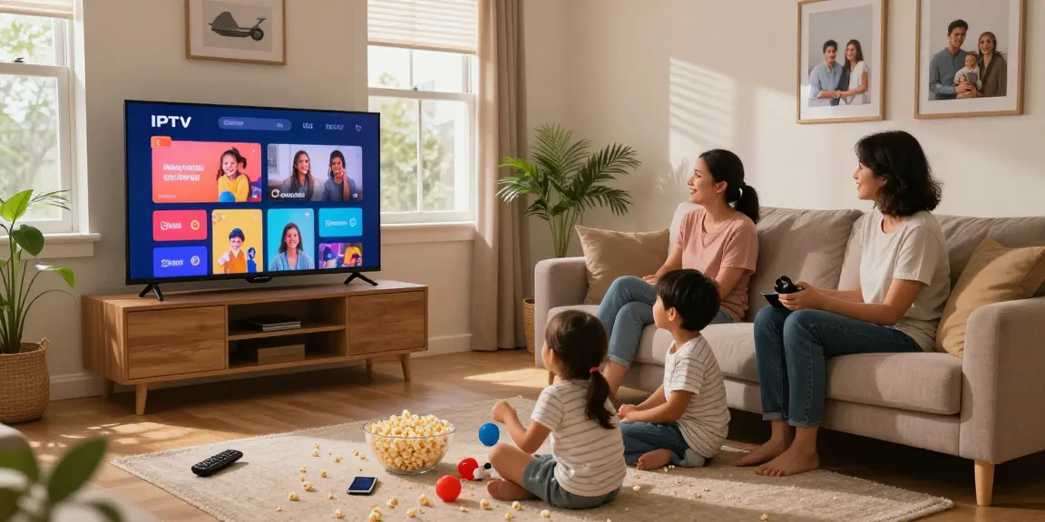 Family enjoying IPTV Canada streaming in a cozy living room with smart TV and happy interactions.