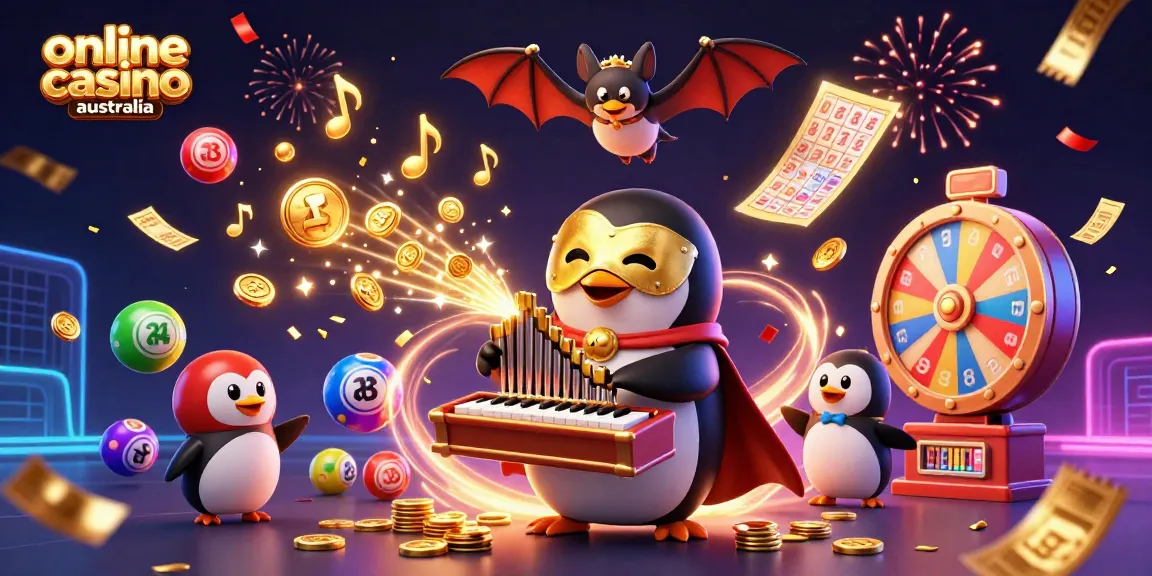 Engage with the online casino Australia atmosphere featuring a festive 3D penguin and golden coins.