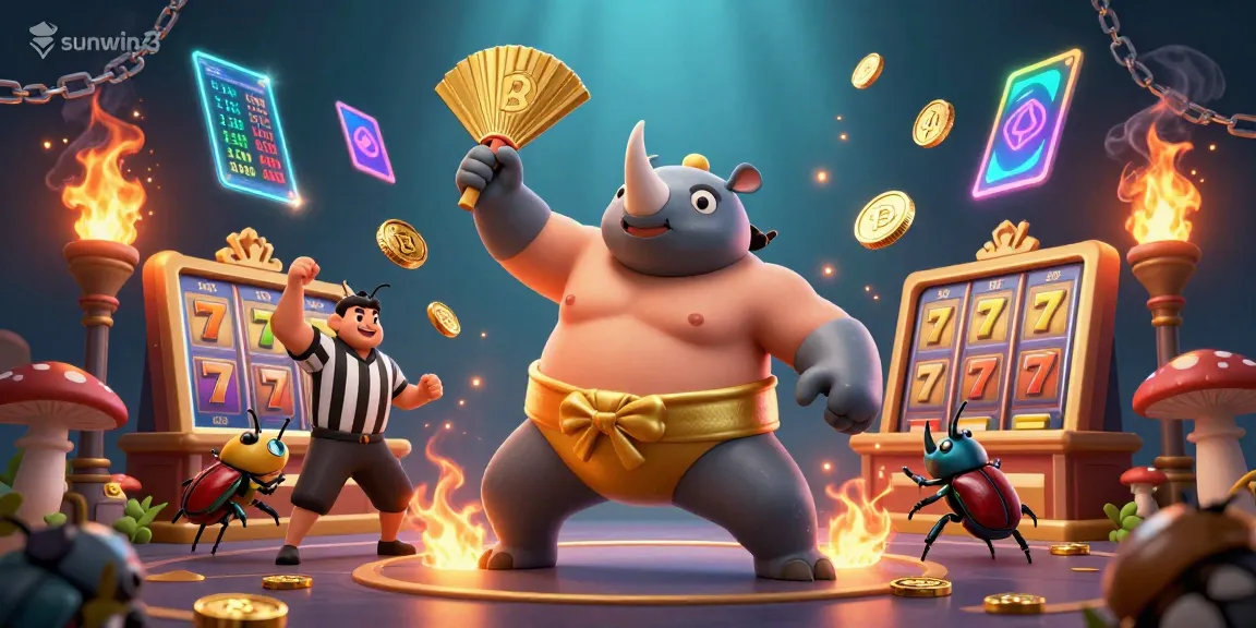 Experience thrilling gaming at sunwin3 with a captivating sumo beetle champion surrounded by slot reels and crypto coins.