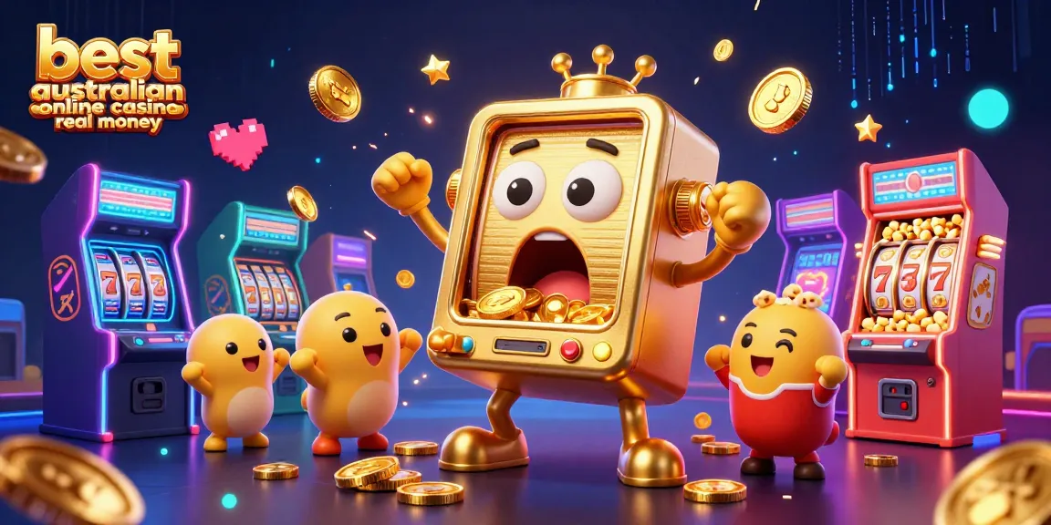 Best Australian online casino real money features a vibrant 3D slot machine hitting jackpot amid cheering machines.